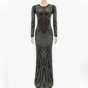 Womens Elegant Chic Glitter Rhinestones Sexy Sheer Mesh Party Bodycon Dress